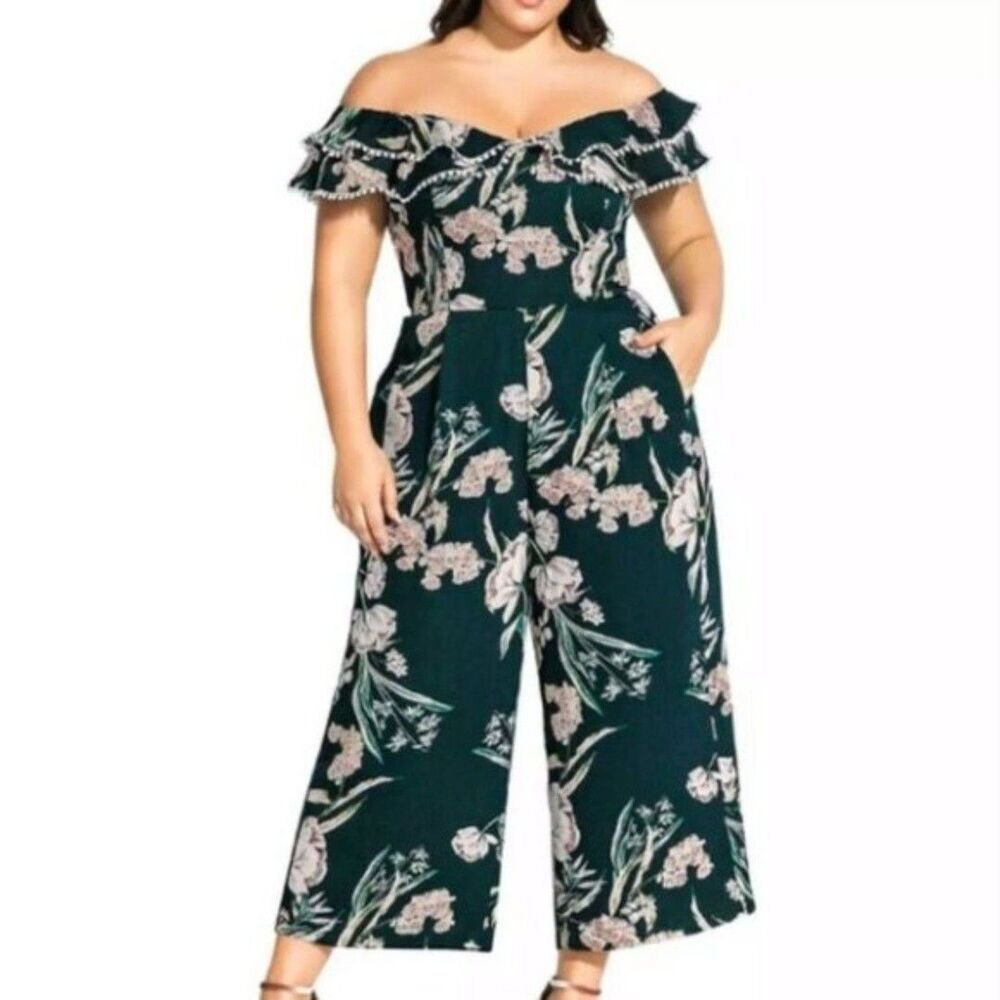 City Chic Fresh Fields Floral Off Shoulder Wide Leg Jumpsuit Plus Size 24 NWT